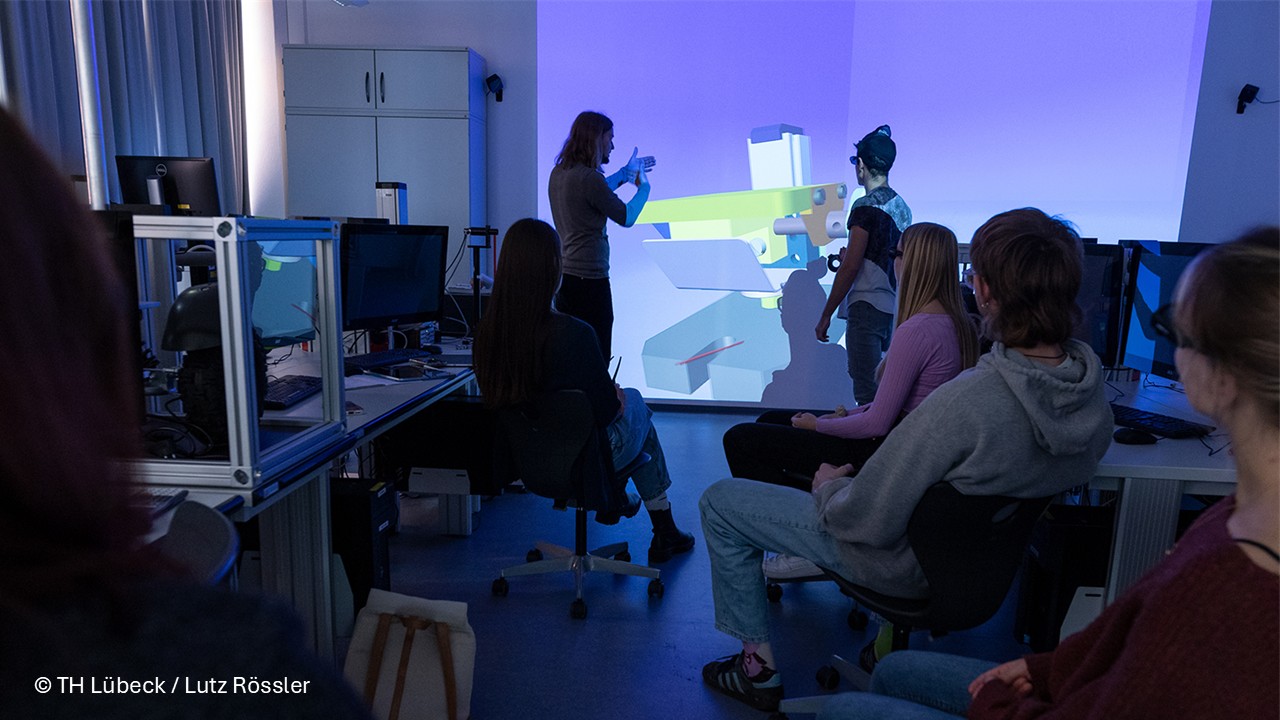 Students using the VR powerwall.