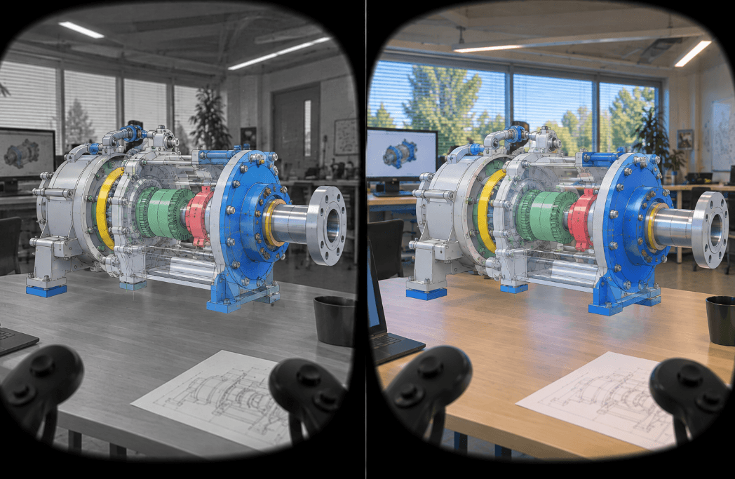 Concept of grayscale tracking vs. full-color passthrough for VR HMD such as Steam Frame