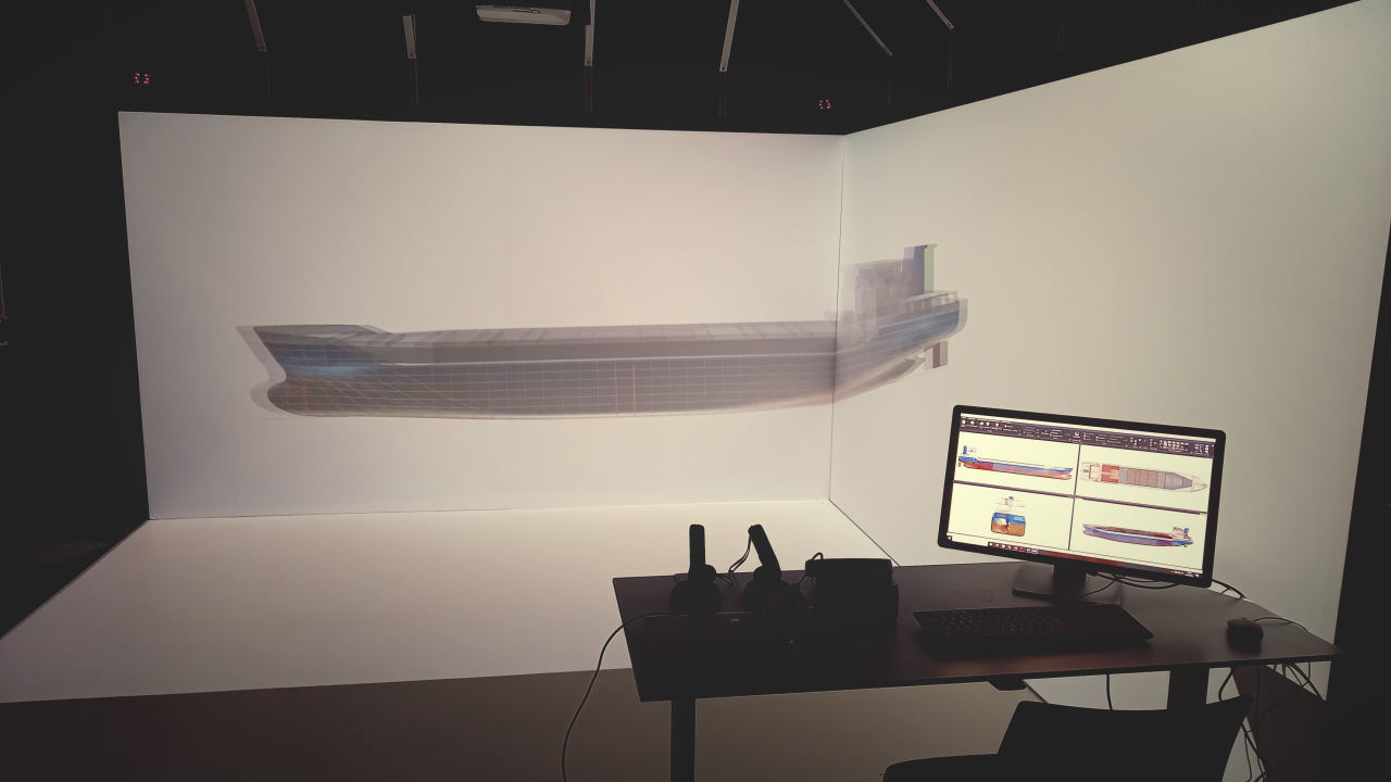 The VR CAVE is being used to showcase a model container ship developed using the 'Delft Ship' software.