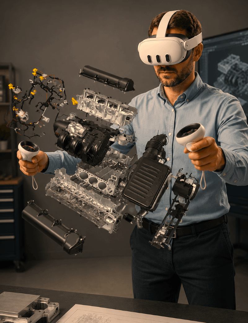 VR HMD (Vr Headset) in Use by engineer to observe his 3d model